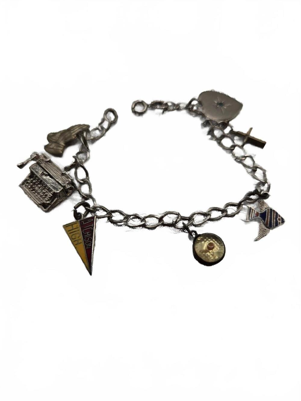 Vtg Sterling Silver Charm Bracelet with many Charms-enamel tropical fish